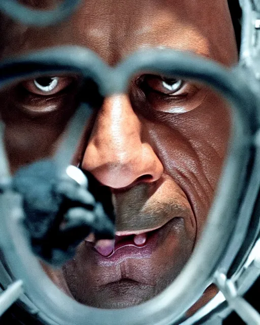 Image similar to film still close up shot of dwayne johnson as hannibal lector from the movie the silence of the lambs. photographic, photography