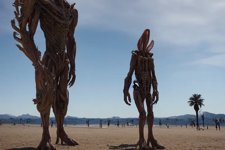 Prompt: cinematography of giant alien on Santa Monica peer By Emmanuel Lubezki