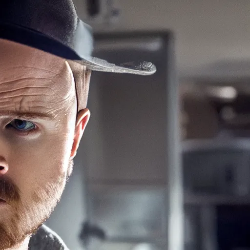 Image similar to Live Action Still of Aaron Paul dressed as Walter White, real life, hyperrealistic, ultra realistic, realistic, highly detailed, epic, HD quality, 8k resolution, body and headshot, film still