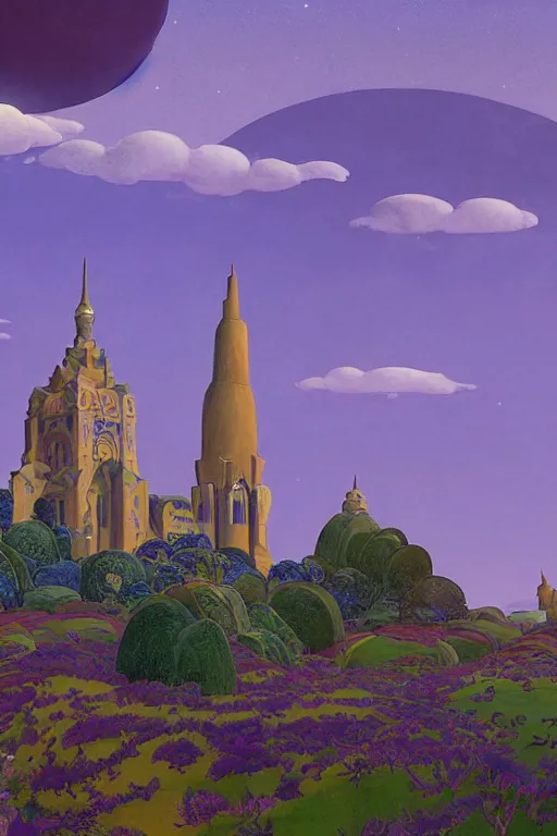 Image similar to distance view of the painted tower of the moon in its gardens fairytale illustration, tall windows, beautiful moorish tiles, dramatic cinematic lighting, rich colors, golden age illustration, by Sylvain Sarrailh and Nicholas Roerich and jean delville and Tyler Edlin and William Dyce and April Gornik ,unreal engine