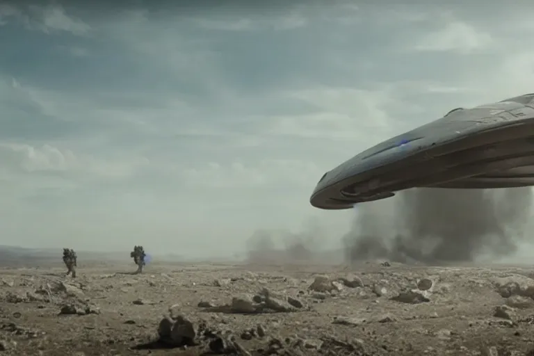 Image similar to VFX movie of a futuristic spaceship landing in war zone, natural lighting by Emmanuel Lubezki