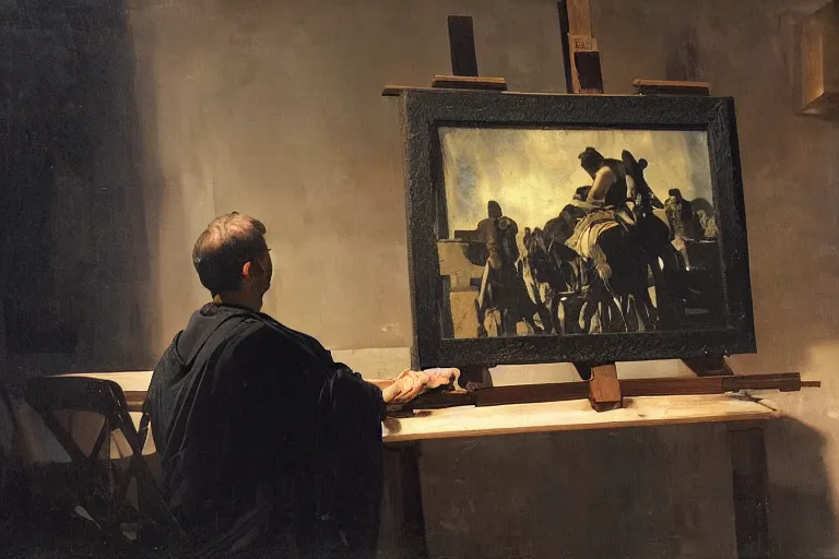 Image similar to stablediffusion sitting at an easel painting a portrait of midjourney, masterpiece, dramatic lighting, painting by caravaggio and ruan jia and daytoner