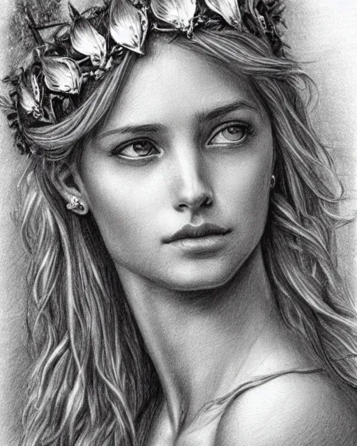 Image similar to pencil drawing of a beautiful greek goddess aphrodite wearing a laurel wreath and arrowhead earrings, beautiful confident and piercing eyes, beautiful flowing hair, hyper realistic face, in the style of greg rutkowski, fantasy, amazing detail, epic, elegant, smooth, sharp focus, from the front