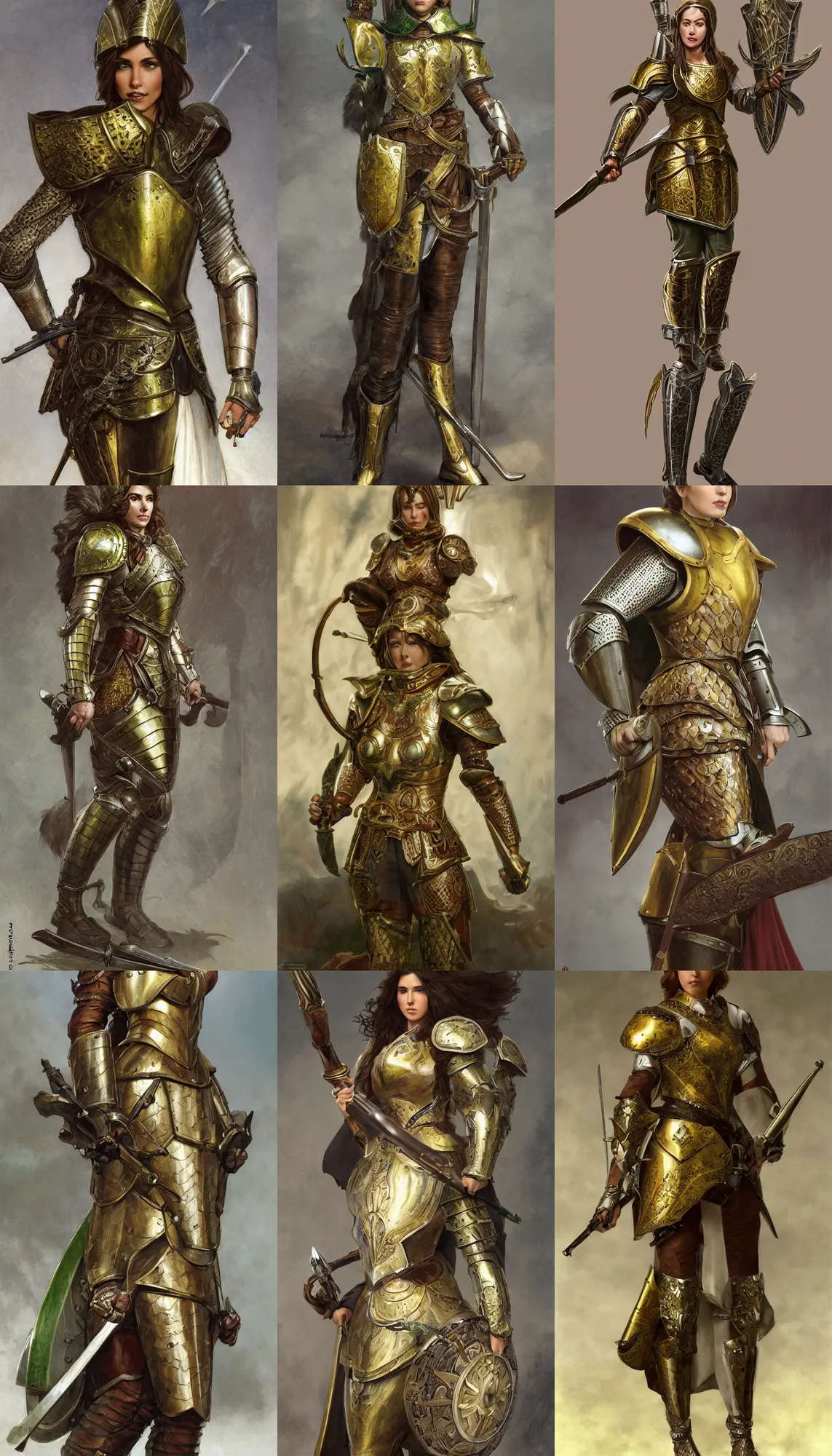 Prompt: full body portrait of a female italian warrior medium length brown hair and a very highly detailed face wearing elegant golden plate mail armor with green and white accents, holding a tall tower shield and a long flintlock pistol, highly detailed, artstation, cgsociety, character concept art, sharp focus, illustration, art by michael komarck and greg rutkowski and alphonse mucha