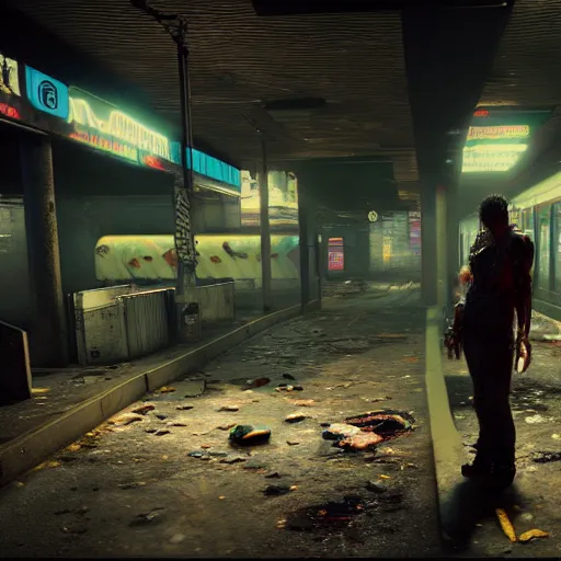 Image similar to abandoned underground subway homeless filthy horror slum low light sadness lonely. Cyberpunk 2077. CP2077. 3840 x 2160