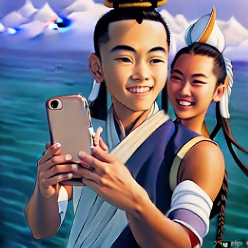 Prompt: beautiful serene intricate portrait of sokka and yue taking a selfie, smiling softly, relaxing on the beach, golden hour, soft focus, 8 k, art by irakli nadar, hyperrealism, hyperdetailed, ultra realistic