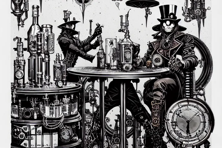 Image similar to steampunk alchemist wizard table with ornate lags, furniture, high details, bold line art, by vincent di fate and joe fenton, inking, etching, screen print, masterpiece, trending on artstation, sharp, high contrast, hyper - detailed,, hd, 4 k, 8 k