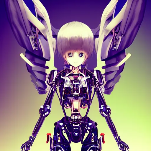 Image similar to cute small cyborg - angel girl with large angelic wings, left eye gold and right eye silver, biomechanical details, wearing epic bionic cyborg implants, digital cyberpunk - anime art, full body shot