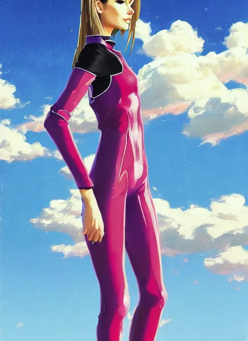 Image similar to full body portrait of a combination of Ashley Greene, Victoria Justice and Adriana Dxim, Grace Kelly and Lily Collins wearing a Plugsuit from Neon Genesis Evangelion, countryside, calm, fantasy character portrait, dynamic pose, above view, sunny day, thunder clouds in the sky, artwork by Jeremy Lipkin and Giuseppe Dangelico Pino and Michael Garmash and Rob Rey and Greg Manchess and Huang Guangjian, very coherent asymmetrical artwork, sharp edges, perfect face, simple form, 100mm