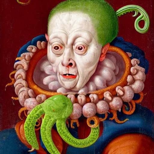 Prompt: detailed coloured dutch renaissance portrait of ugly monster child with horrific facial features tentacle eyes, hairy mouth and fish like skin and head lumps and infestation
