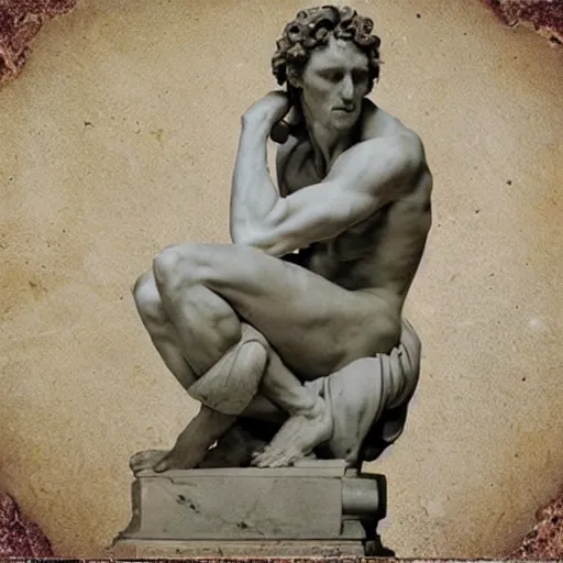 Prompt: “1800s era photograph of Michelangelo sculpting marble statue of Matthew McConaughey as David, hyperrealistic, hd, faded, cracked, stained”