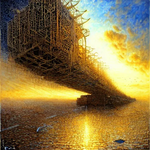 Image similar to master of harpoons, atmospheric lighting, painted, intricate, golden and blue hour, ultra detailed by peter gric, giger, enki bilal