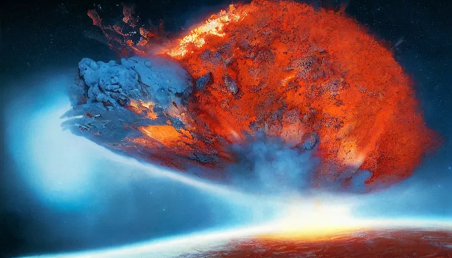 Image similar to an imax view of an exploding volcano on a beautiful exoplanet, art by james paick and roger dean and federico pelat and markus vogt, hyperrealism, science fiction, cinematic lighting