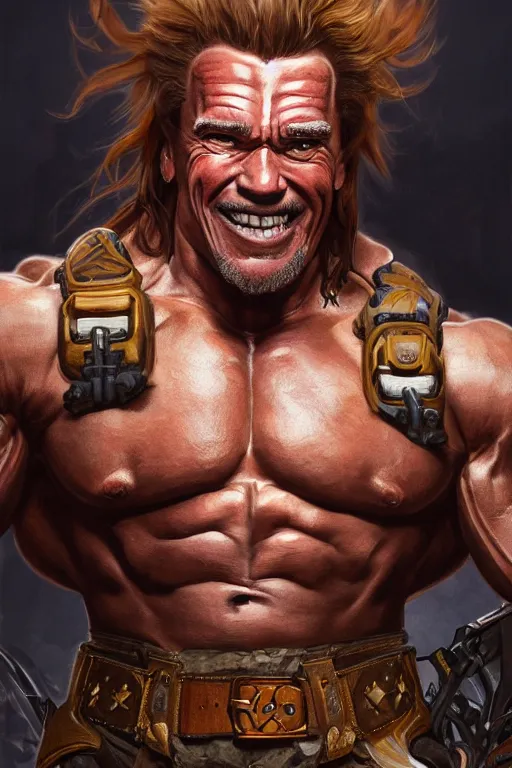 Image similar to portrait of arnold schwarzenegger as junkrat from overwatch, full body, fantasy, intricate, elegant, highly detailed, digital painting, artstation, concept art, sharp focus, illustration, art by artgerm and greg rutkowski and alphonse mucha