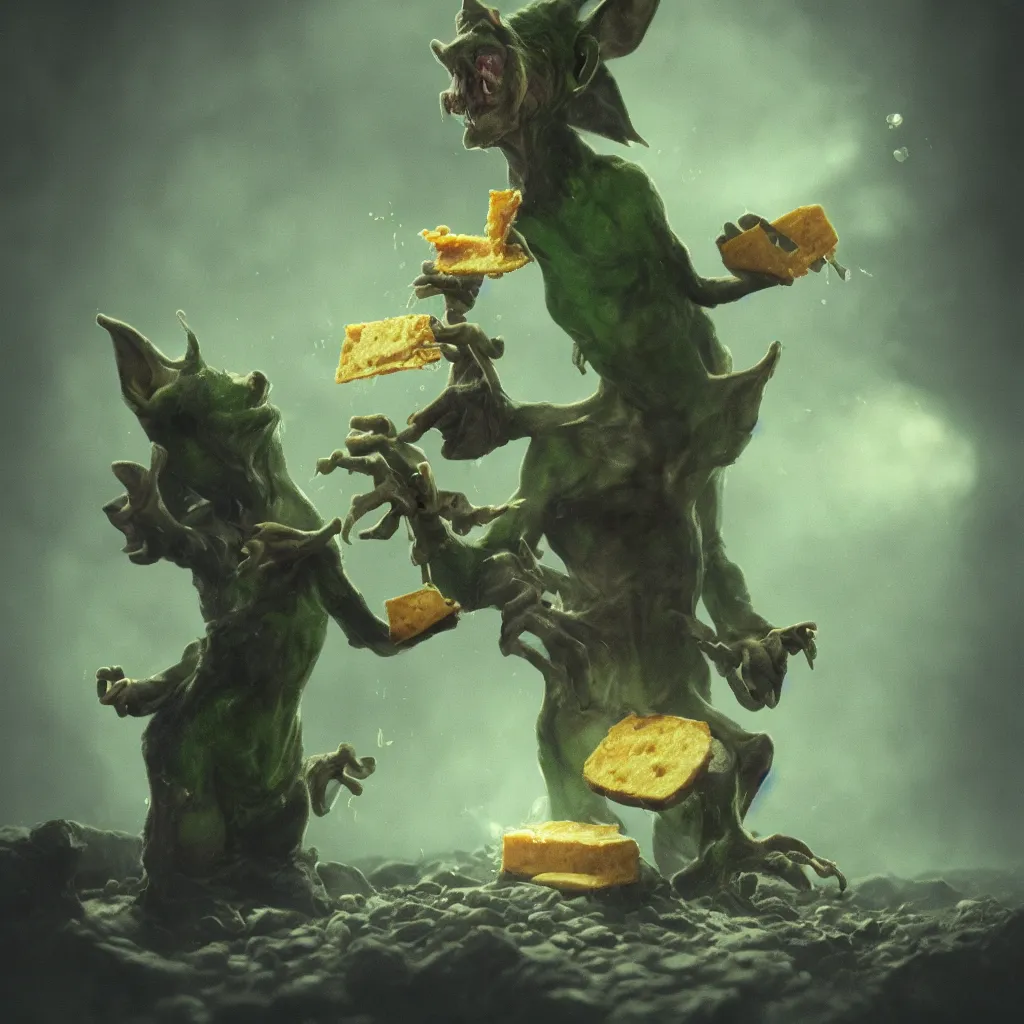 Prompt: Photorealistic fantasy painting of one single goblin holding swiss cheese. Ominous green mist in the background. Magical occult photorealism, UHD, amazing depth, glowing, golden ratio, 3D octane cycle unreal engine 5, volumetric lighting, cinematic lighting, cgstation artstation concept art