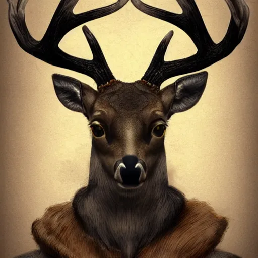 Prompt: a upper body portrait of a deer lord with monocle and top hat, intricate detail, digital art, trending on artstation