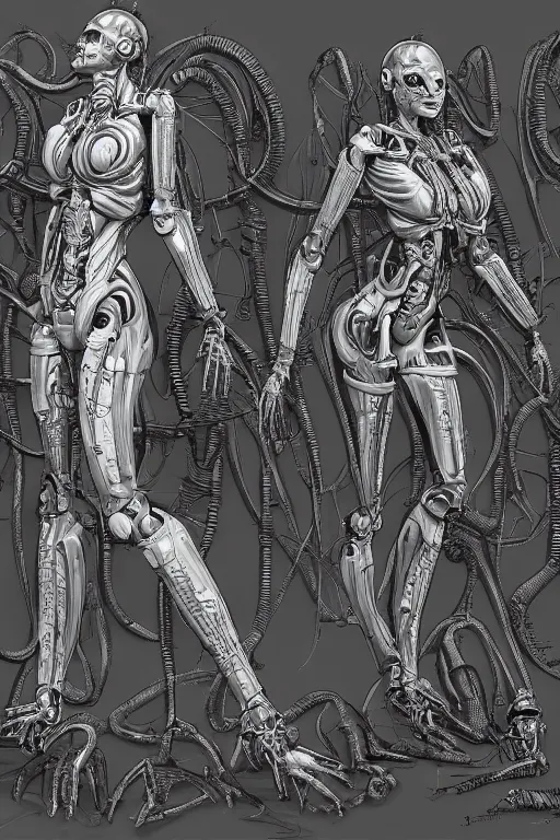 Prompt: cyborg mermaid with gunmetal grey skin, medical anatomy, very symmetrical face, highly detailed, mecha, three - perspective / three - view reference sheet ( front / back / side ), in the style of james gurney, dan ouellette, hr giger, sil from species, dren from splice, biomechanical, artstation, unreal engine