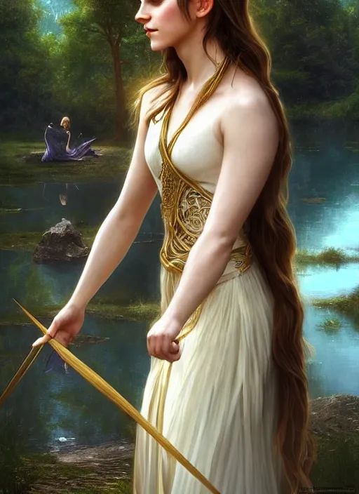 Prompt: emma watson as magic healer goddess, long hair, white and gold cloth, lake in the forest, D&D, shiny background, intricate, elegant, highly detailed, digital painting, artstation, concept art, smooth, sharp focus, illustration, artgerm, bouguereau