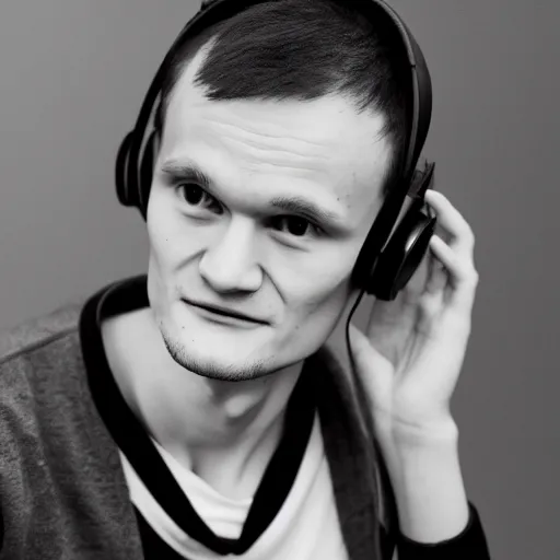 Prompt: vitalik buterin in headphones looking at camera. 8 5 mm, medium shot