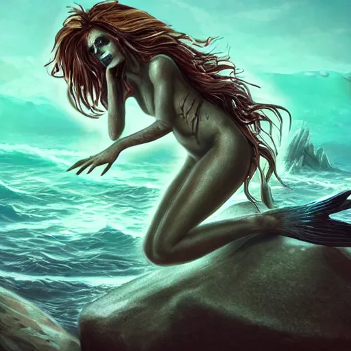 Image similar to undead mermaid crawling on top of a rock in the ocean, trending on artstation, ultra fine detailed, hyper detailed, hd, concept art, digital painting