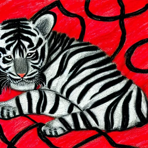 Image similar to drawing of a tiger cubs sleeping in a pond of black oil, red ballpoint pen, outsider art style