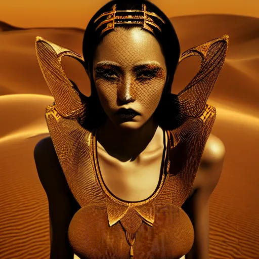 Image similar to giesha demon, innovative avant-garde art, deco fashion, asian women, highly detailed, photorealistic portrait, serene desert setting, golden hour, crisp quality and light reflections, octane render