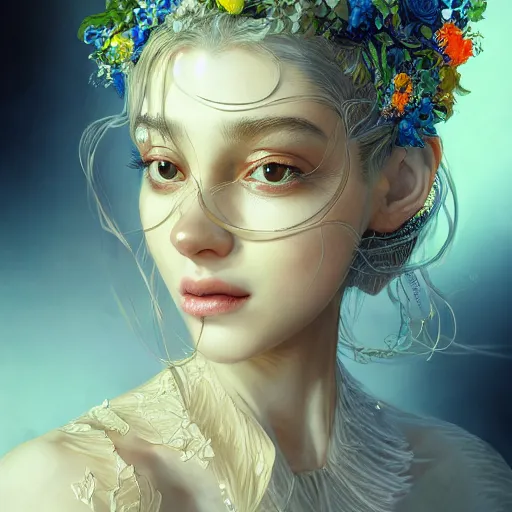 Image similar to the portrait of an absurdly beautiful, graceful, elegant, sophisticated, young girl made up of lemons, an ultrafine hyperdetailed illustration by kim jung gi, irakli nadar, intricate linework, bright colors, octopath traveler, final fantasy, unreal engine 5 highly rendered, global illumination, radiant light, detailed and intricate environment