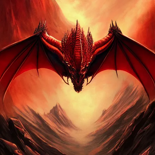 Image similar to red dragon close up by greg rutkowski, drark, marvel comics, dark, plutus su and chris scalf and lucas graciano and billy christian, symmetrical, mountains, red and gold color palette, painting, d & d, fantasy, detailed, realistic, complimentary colors, light, artstation, cinematic, dramatic lighting, close up, storm clouds, hudson river school