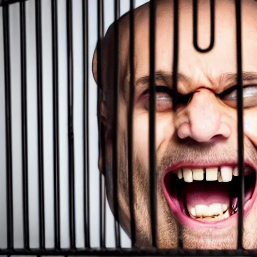 Image similar to a screaming man stuck inside a cage made of tedious paperwork