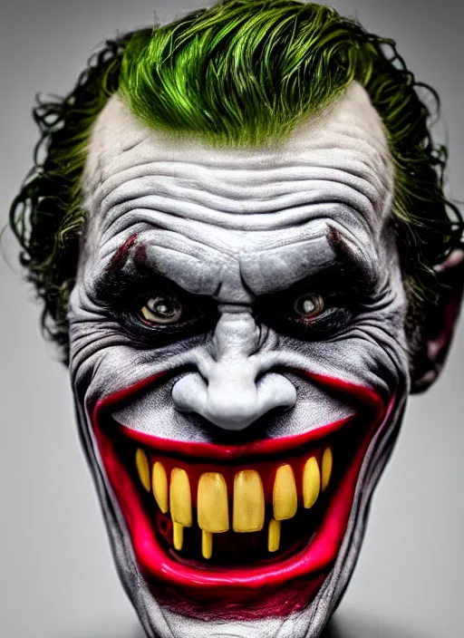 Image similar to photo of Willem Dafoe as the Joker by David Lachappelle, big smile, head shot, detailed, award winning, Sony a7R