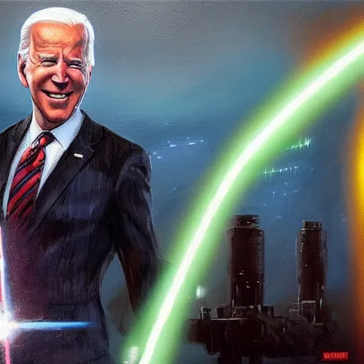 Prompt: joe biden as a jedi knight. billions of credits worth of infrastructure and microchips raining from the sky in the background. vibrant oil painting.