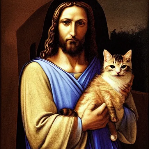 Image similar to portrait of jesus holding a cute cat, digital art, by leonardo da vinci