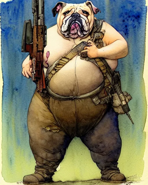 Image similar to a realistic and atmospheric watercolour fantasy character concept art portrait of a fat adorable dirty chibi bulldog wearing a wife beater and holding a rifle, by rebecca guay, michael kaluta, charles vess and jean moebius giraud