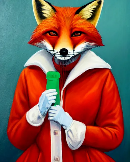 Image similar to oil painting portrait of anthropomorphic female fox animal dressed in doctor's coat, surgical mask covering mouth, red eyes, holding syringe, fox animal, hospital in background, oil painting,