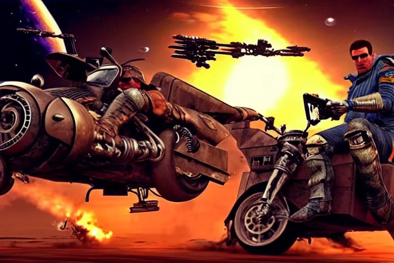 Prompt: mad max riding his Interceptor in space, fighting mutants on space bikes, action-scene, very detailed, high octane