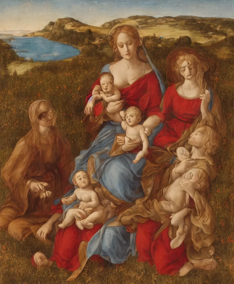 Image similar to Detailed Portrait of Madonna, with infant Jesus and another boy playin in front of her in the style of Raffael. Red hair. They are sitting in a dried out meadow near in Tuscany, red poppy in the field. On the horizon there is a blue lake with a town and blue mountains. Flat perspective.