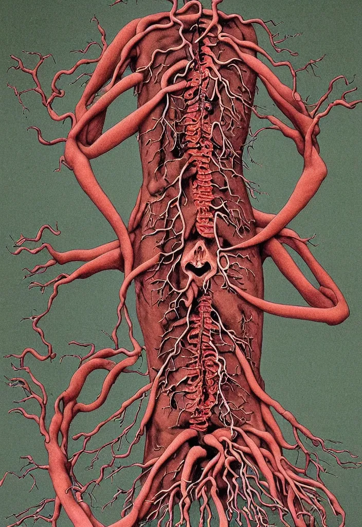 Image similar to prompt: anatomy dissection drawing veins and organs human shaped tree character drawn by Takato Yamamoto, bonsai anatomy atlas, veins and organs attached to tree roots, alchemical objects inspired by 1980's sci-ci, old experimentation cabinet, intricate oil painting detail, manga 1980