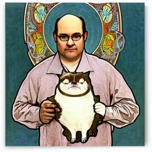 Prompt: “ george costanza from seinfeld holding grumpy cat aloft, halo, art nouveau, by alphonse mucha ”