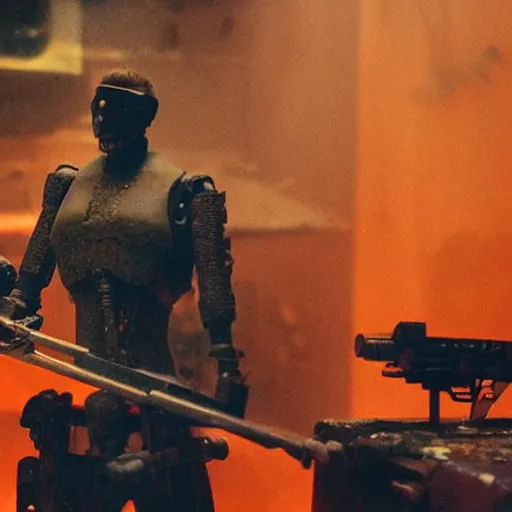 Image similar to gun made from old egg beater, balding older cyborg repairing, red hot soldering iron, dark messy smoke - filled cluttered workshop, dark, dramatic lighting, orange tint, cinematic, highly detailed, sci - fi, futuristic, movie still from blade runner