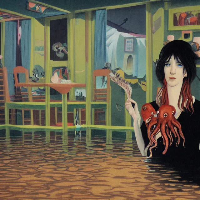 Image similar to tall female emo artist holding an octopus in a flooded cafe, bagels, pigs, water gushing from ceiling, painting of flood waters inside a cafe, a river flooding indoors, pomegranates, pigs, ikebana, water, octopus, river, rapids, waterfall, black swans, zen, canoe, berries, acrylic on canvas, surrealist, by magritte and monet