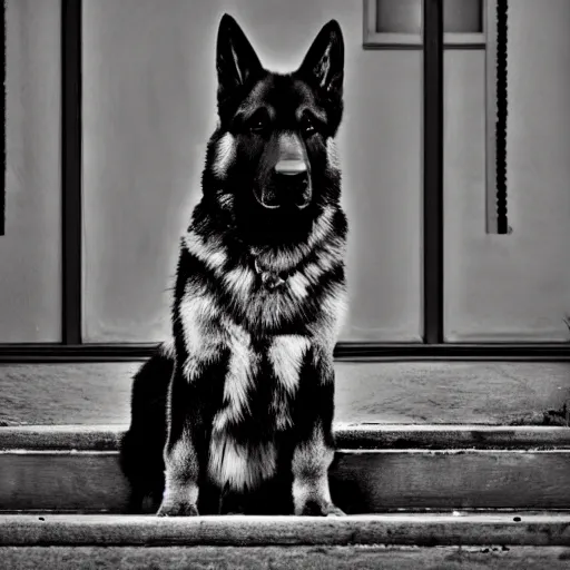 Prompt: A beautiful and adorable German shepherd dog sitting on the front porch of a victorian house,bright lighting , digital art , highly detailed , high contrast, beautiful lighting, award winning , trending on art station, 8k