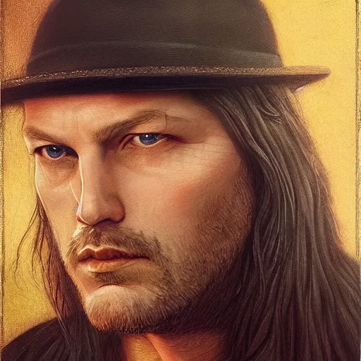 Prompt: amazing artgerm portrait of david gilmour as a preraphaelite painting, collaboration with j. scott campbell and artgerm with edward burn jones