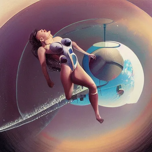 Image similar to woman in flight suit plunging into an abyss, bubbles, currents, dyson sphere, wet reflections, prism, atmospheric, ambient, pj crook, syd mead, livia prima, artgerm, greg rutkowski, nick alm, casey baugh