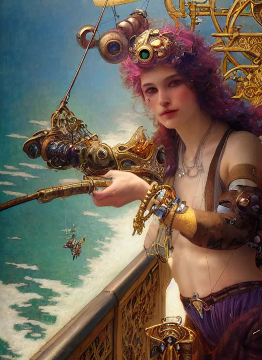 Image similar to hyper realistic fisherman, birds eye view, magical, gems, jewels, gold, steampunk, cyberpunk utopia, painted by tom bagshaw, mucha, gaston bussiere, craig mullins, j. c. leyendecker 8 k