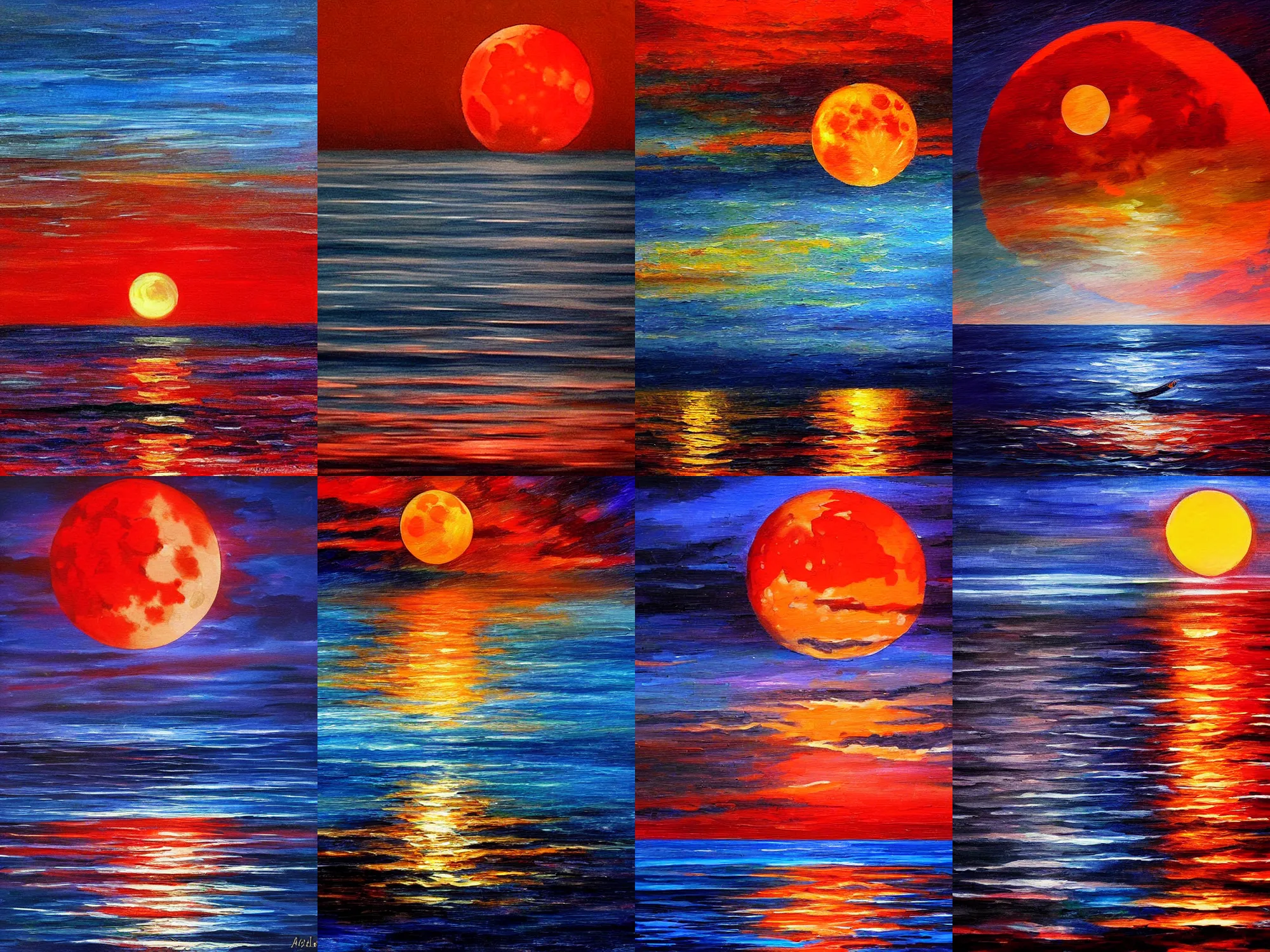 Image similar to red moon reflecting in the sea, night, low angle, in the style of Afremov Leonid