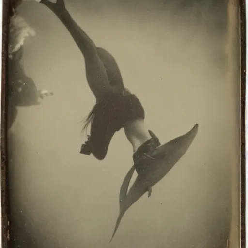 Image similar to underwater tintype photo of girl riding a shark