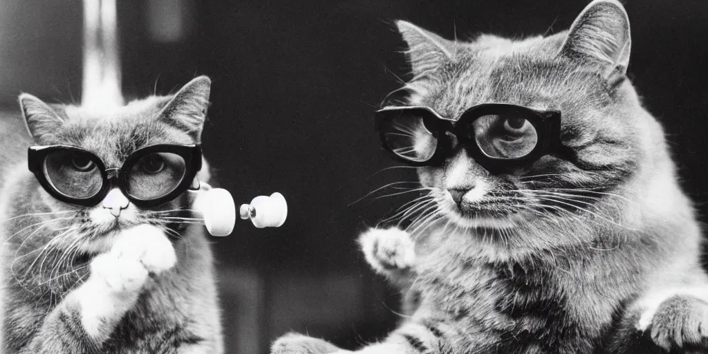 Prompt: an old balck and white photo, film grain, 1900 of a very serious cat wearing glasses holding a telephone in its paws and yelling into a rotery phone, clear, serious, funny