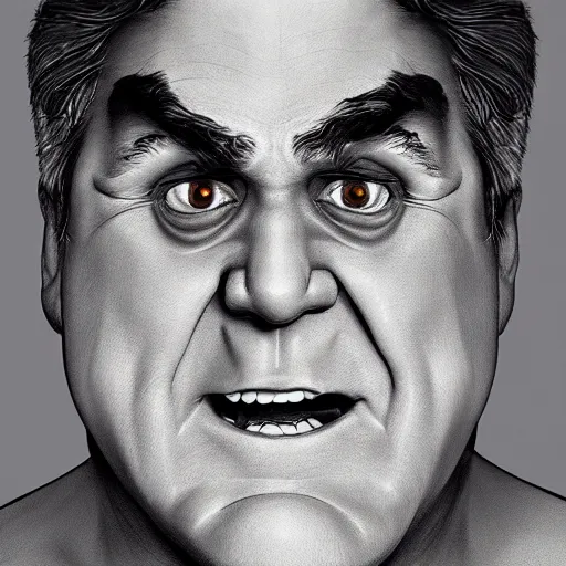 Prompt: professional fantasy art of jay leno but his skin is dark gray and very oily, jay leno with empty black eyes, professional art, horror art, volumetric lighting, unreal engine 5, very detailed art, jay leno with gray skin