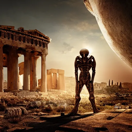 Prompt: movie still, movie about an alien invasion Ancient Athens, UFOs, portrait, intricate, 8k highly professionally detailed, HDR, CGsociety