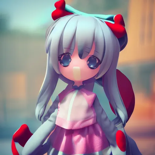 Image similar to cute fumo plush of a girl with a big heart, stylized pbr, subsurface scattering, outline glow, tonemapping, blob anime, bokeh, vray